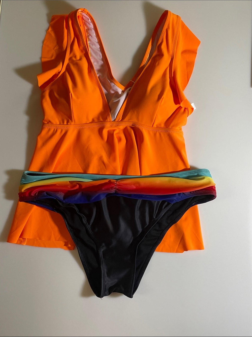 New Size M L Women’s Orange V-Neck Swim Top with Rainbow Accent Bikini Bottom